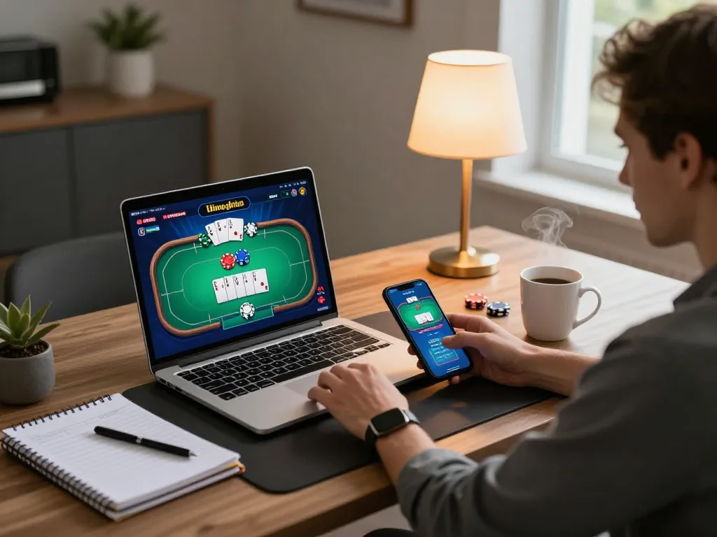Experience thrilling online poker gameplay with RR999, showcasing chips and cards at a cozy home setup.