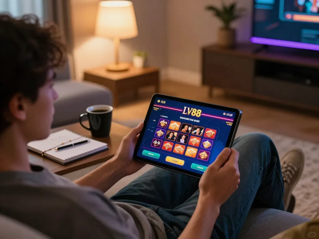 Engaged player using the LV88 app for online gambling strategies in a cozy home setting