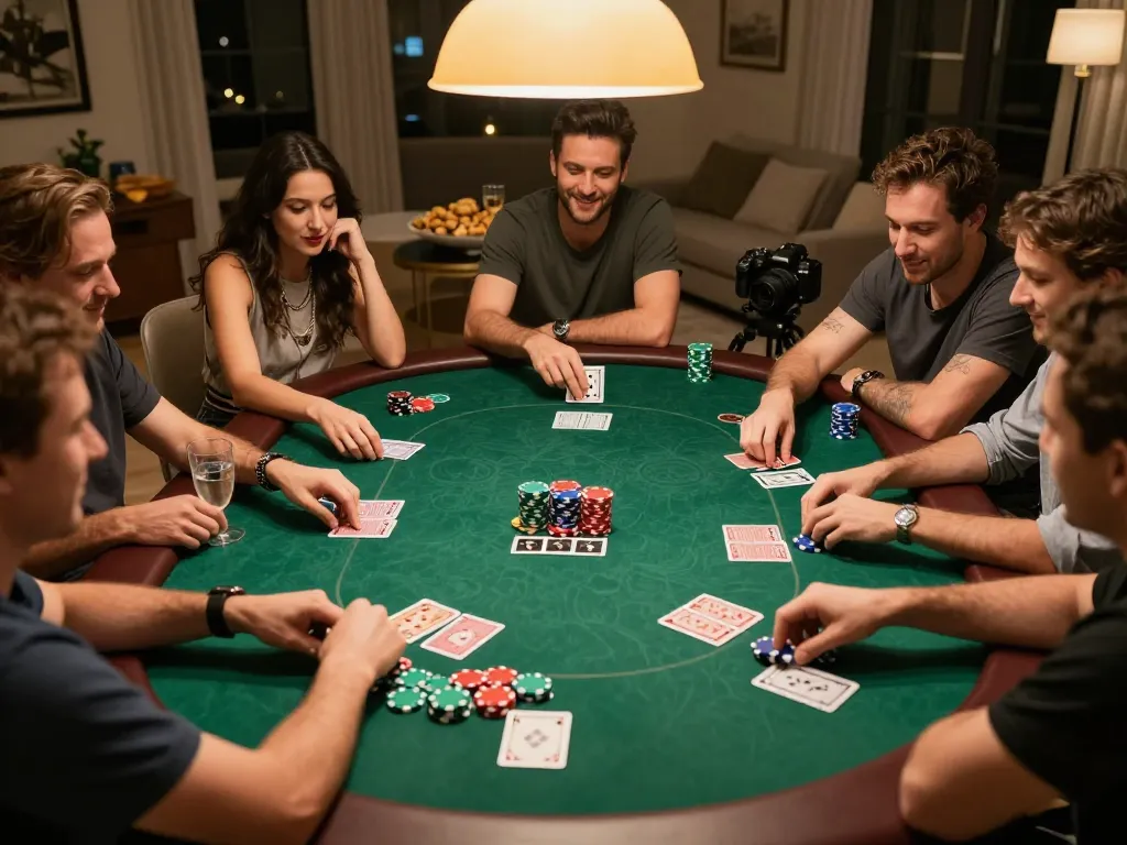 Friends enjoying a lively poker game at home while using the S8 platform, capturing vibrant gameplay and social atmosphere