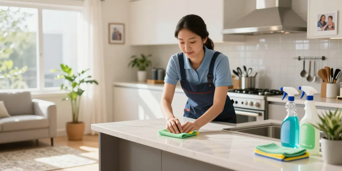 Professional reinigungen service making a kitchen shine with eco-friendly cleaning supplies and sunlight streaming in.