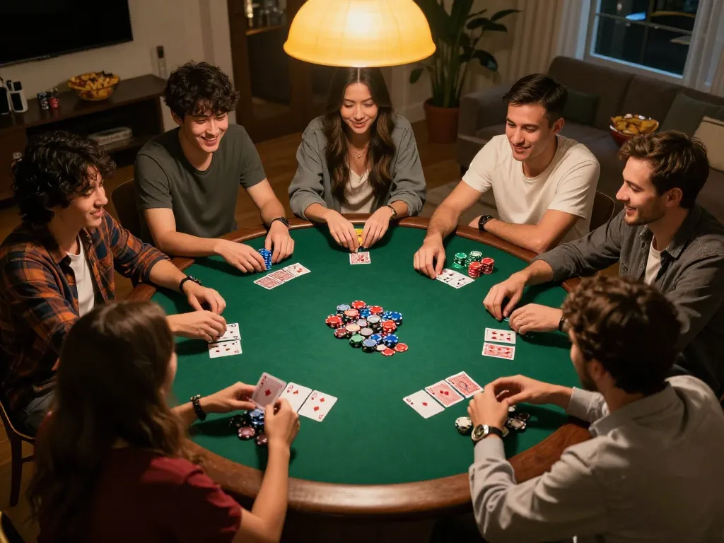 Friends enjoying a poker night at home, highlighting the fun of F168 online gaming strategies