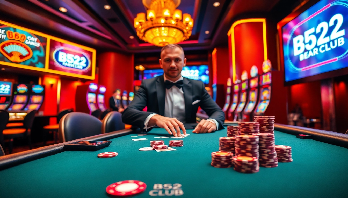 B52CLUB casino scene featuring a stylish dealer and vibrant poker chips.