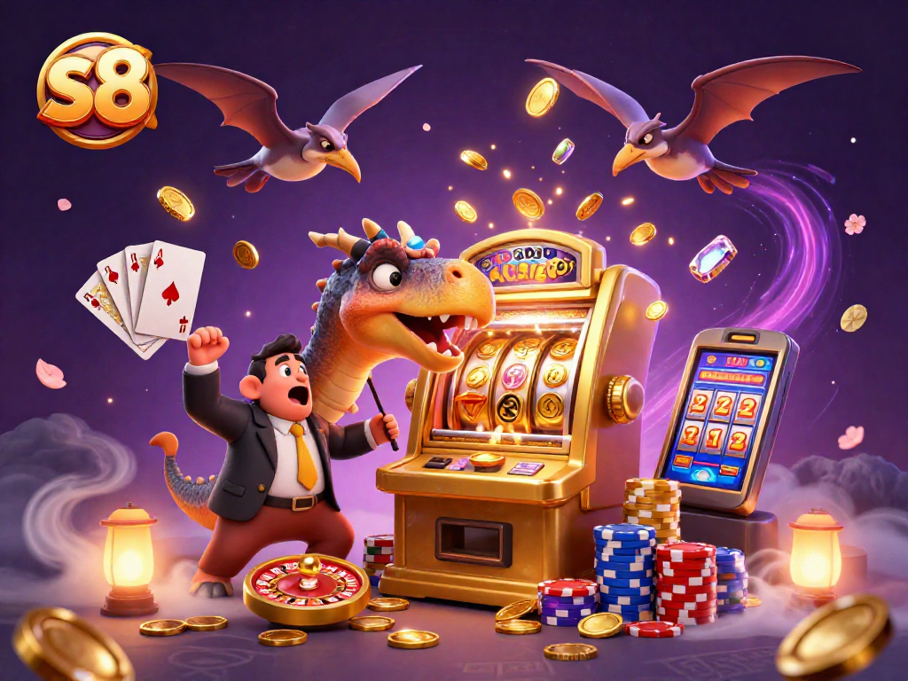 Catch golden coins at the s8 casino as a dinosaur hits a jackpot slot machine!