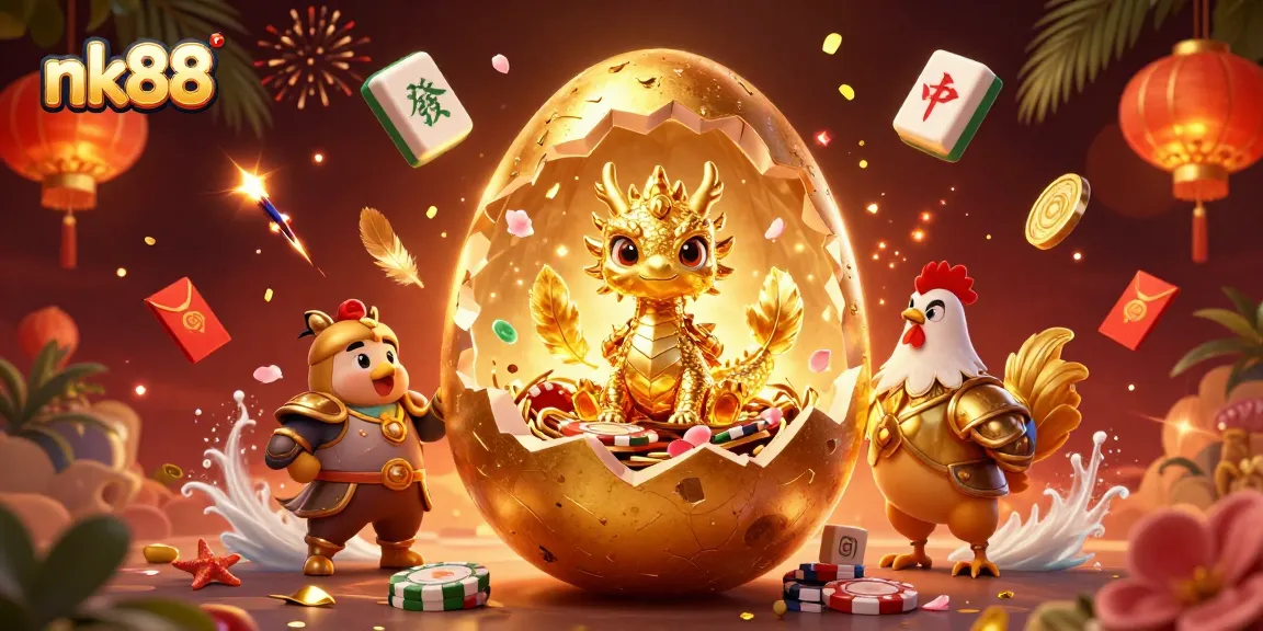 Join nk88 to experience the thrill of a golden dragon guarding poker chips amidst festive casino elements.