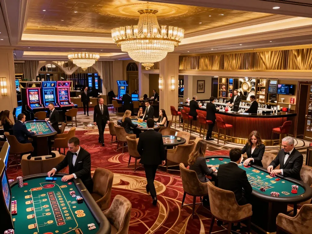 Playing at a luxurious casino with vibrant lighting and elegant design, highlighting 8kbetcom gaming experience