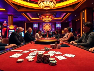 A group of diverse players engaging in a thrilling poker game at 789P casino, featuring colorful chips and a luxurious atmosphere.