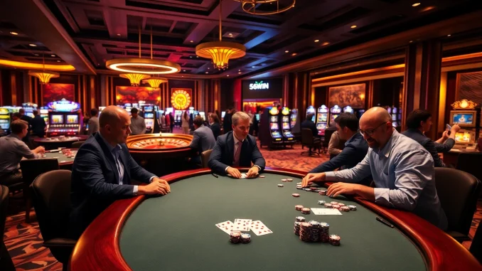 Engaged players at a poker table showcasing 56WIN's thrilling casino experience.