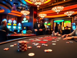 Experience thrilling casino action at https://okwinbiz.com/ with vibrant tables, cards, and betting chips.