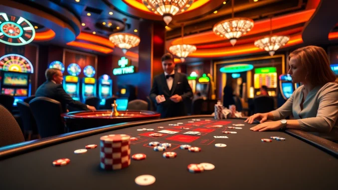 Experience thrilling casino action at https://okwinbiz.com/ with vibrant tables, cards, and betting chips.