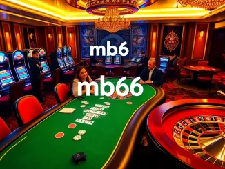 Excited players engaging with mb66 at a luxurious casino table, featuring vibrant slot machines and a roulette wheel.