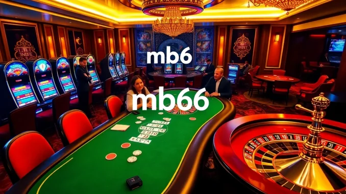 Excited players engaging with mb66 at a luxurious casino table, featuring vibrant slot machines and a roulette wheel.