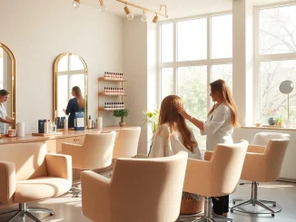Client receiving highlights at Omnia Salon, featuring eco-friendly products and a welcoming atmosphere.