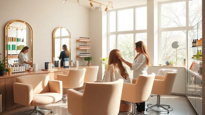 Client receiving highlights at Omnia Salon, featuring eco-friendly products and a welcoming atmosphere.