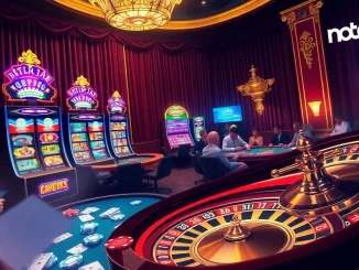 Nohu90 gambling scene with vibrant slot machines, poker tables, and roulette wheels showcasing luxury and excitement.
