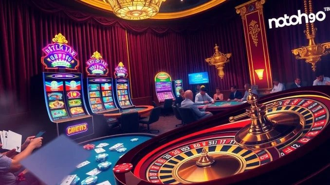 Nohu90 gambling scene with vibrant slot machines, poker tables, and roulette wheels showcasing luxury and excitement.