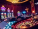 Nohu90 gambling scene with vibrant slot machines, poker tables, and roulette wheels showcasing luxury and excitement.