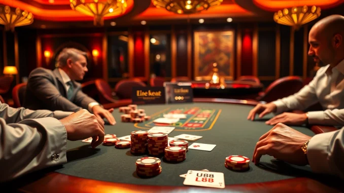 Exciting poker gameplay at a UU88 casino, showcasing luxury and high stakes action.