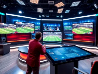 Engaging sports broadcasting studio with modern technology and vibrant screens showcasing live sports.