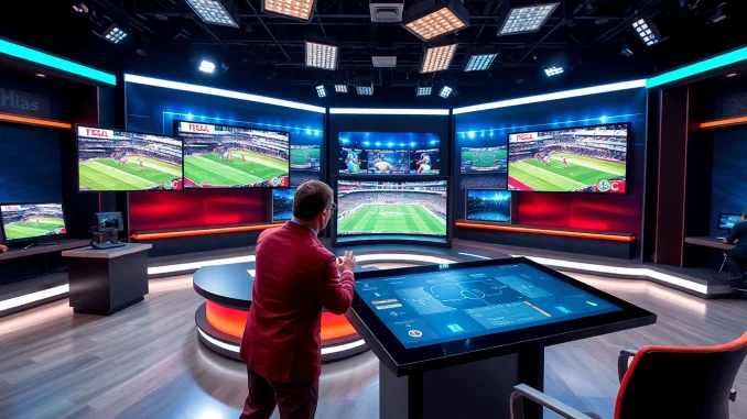 Engaging sports broadcasting studio with modern technology and vibrant screens showcasing live sports.