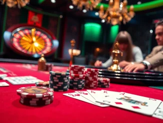 K9K9 showcases an upscale poker scene with vibrant chips and an elegant roulette wheel, capturing the excitement of gambling.