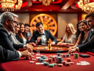 Players enjoying strategic bets at an nk88 game table in a lively casino atmosphere.