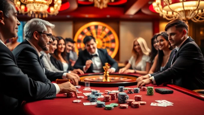 Players enjoying strategic bets at an nk88 game table in a lively casino atmosphere.
