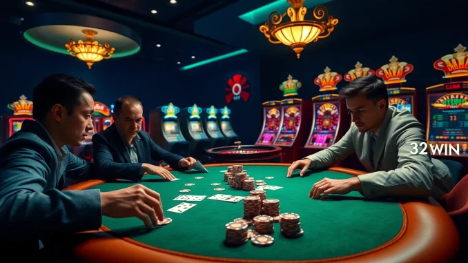 Experience high-stakes gaming at Nha cái uy tín 32win with vibrant poker tables and a luxurious casino atmosphere.