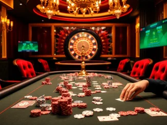 Experience high-stakes action at https://kjc.football/ with a luxury poker table featuring vibrant chips.