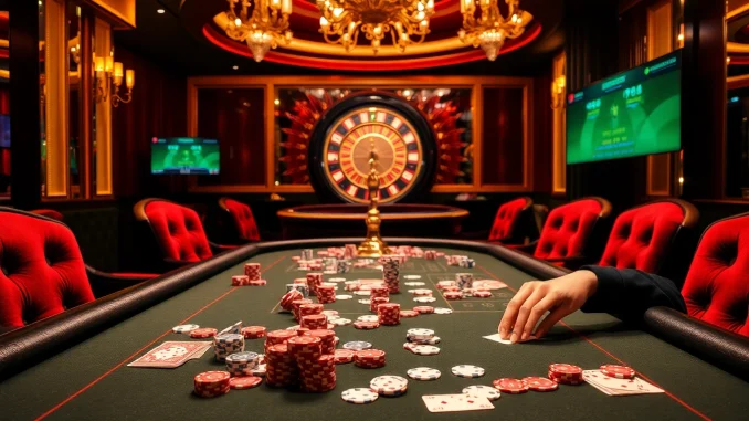 Experience high-stakes action at https://kjc.football/ with a luxury poker table featuring vibrant chips.