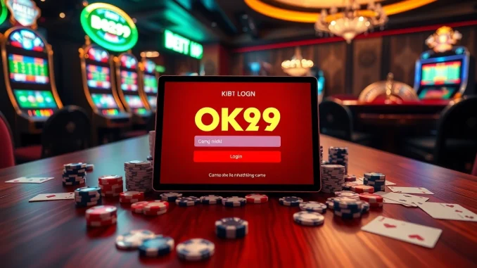 Log in to Đăng Nhập OK9 with an exciting online gambling scene featuring vibrant casino elements.