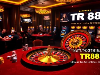 Experience the excitement of TR88 with a luxurious casino atmosphere featuring roulette, poker, and vibrant gaming elements.