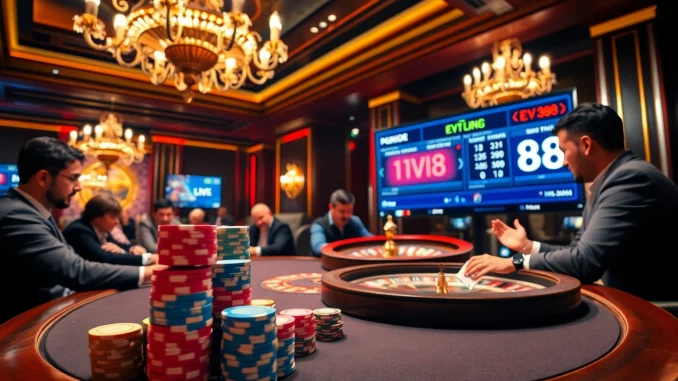 EV88 players engaging in a thrilling poker game at a luxurious casino table.
