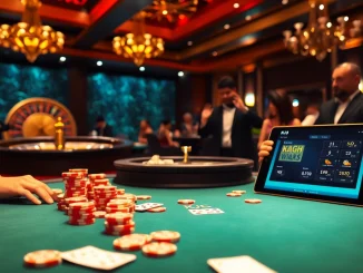 KJC high-stakes poker table featuring vibrant colors, luxurious decor, and dynamic gambling ambiance.