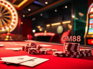 Experience thrilling gambling action at CM88 with a luxurious poker setup and vibrant slot machines.