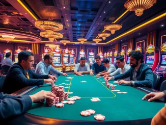 Win55 players enjoying an exciting poker game surrounded by vibrant slot machines.