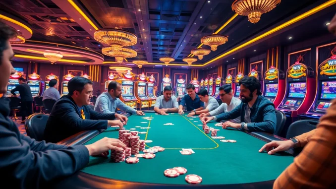 Win55 players enjoying an exciting poker game surrounded by vibrant slot machines.