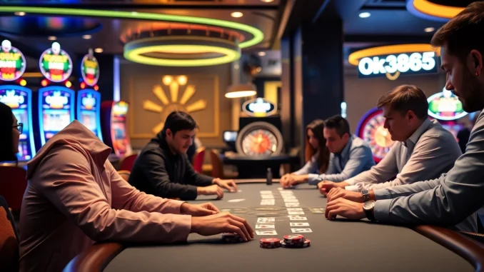 Players engaging in high-stakes poker at OK365's luxury casino.