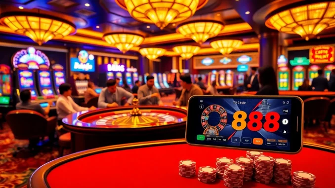 Engaging casino scene with players enjoying games, featuring tải go88 mobile gaming interface.