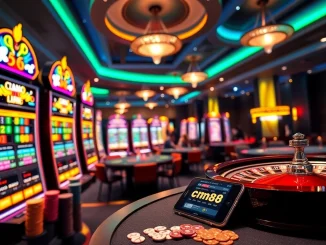Experience the thrill of cm88 with vibrant casino visuals showcasing dynamic slot machines and excited players.