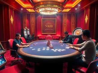 Players strategize at the NK88 poker table, surrounded by vibrant casino elements and excitement.