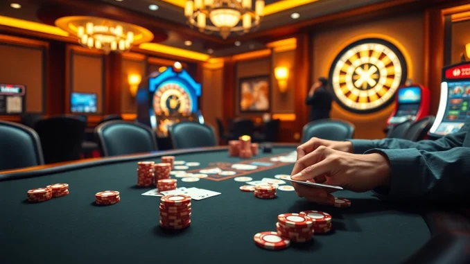 A high-stakes casino experience at https://98win1.in.net/, featuring players at an elegant poker table with luxurious chips and cards.