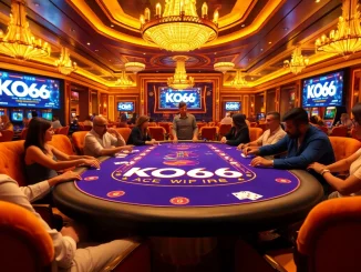 Khung cảnh bàn poker KO66 sôi động với người chơi tham gia vào những ván cược và trò chơi hồi hộp.