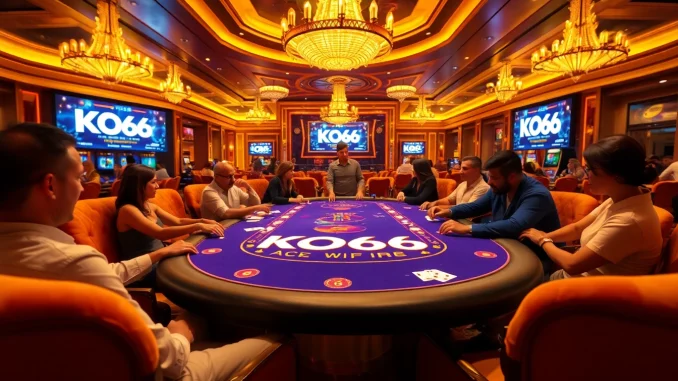 Khung cảnh bàn poker KO66 sôi động với người chơi tham gia vào những ván cược và trò chơi hồi hộp.