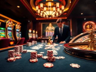 Nohu90 casino gaming scene with poker chips and slot machines showcasing high-stakes excitement.