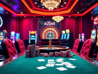 Exciting e2bet online casino scene with poker chips, roulette wheel, and vibrant slot machines.