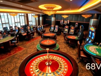 Explore the vibrant gaming experience at Trụ Sở Nhà Cái 68VIP with exciting casino tables and engaging players.