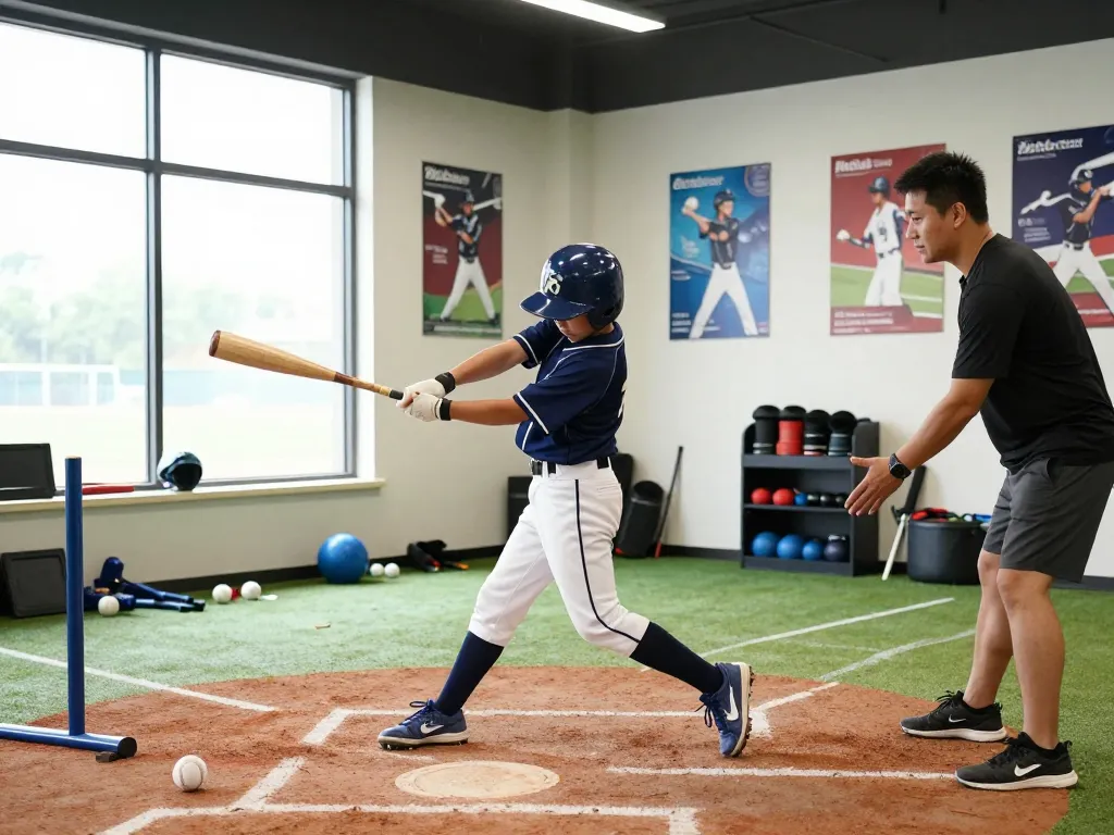A baseball athlete training at Hitclub with instructor feedback and equipment