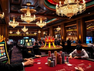 Exciting gambling scene at trang chủ 789p featuring players at poker and slot machines in a luxurious casino.