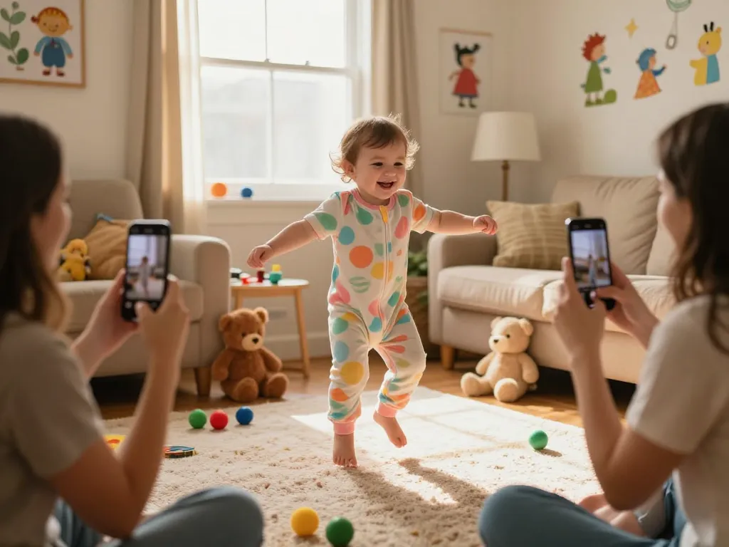 Exciting baby dance video moment with toddler joyfully dancing in a cozy living room, surrounded by colorful toys.