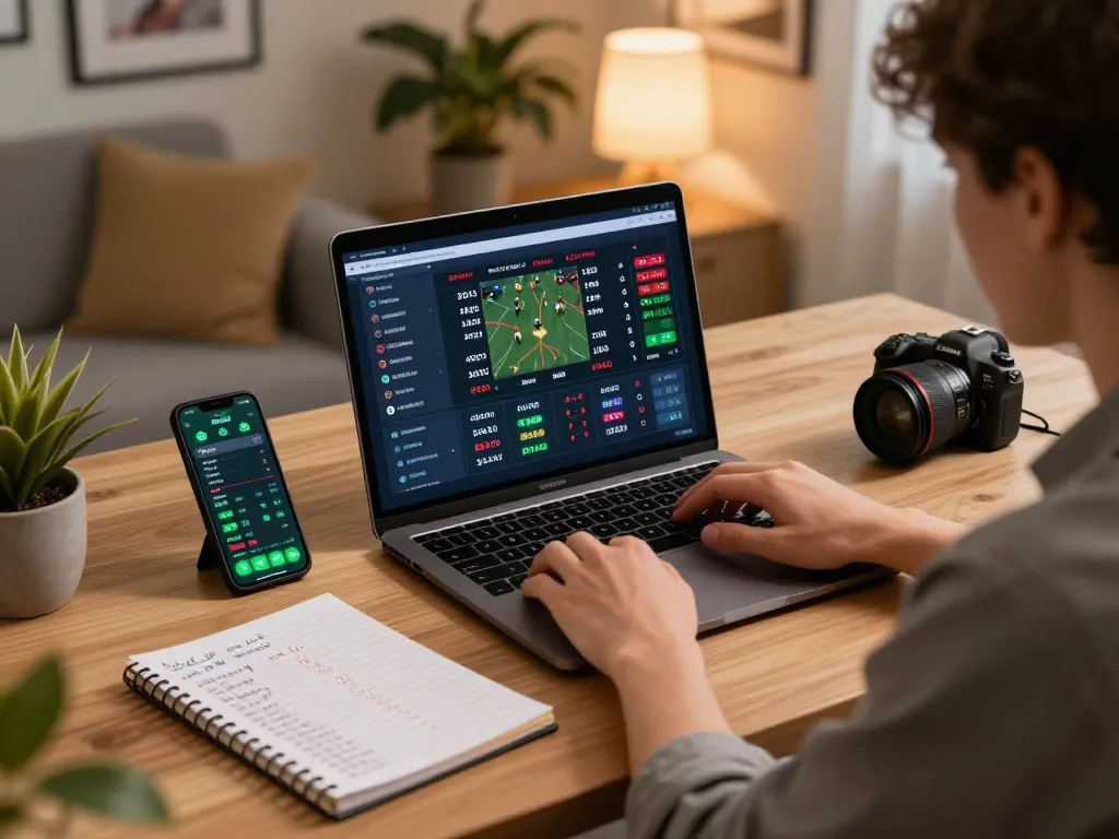 Engaging online sports betting scene showing ty le keo nha cai analysis on a laptop with strategic notes.